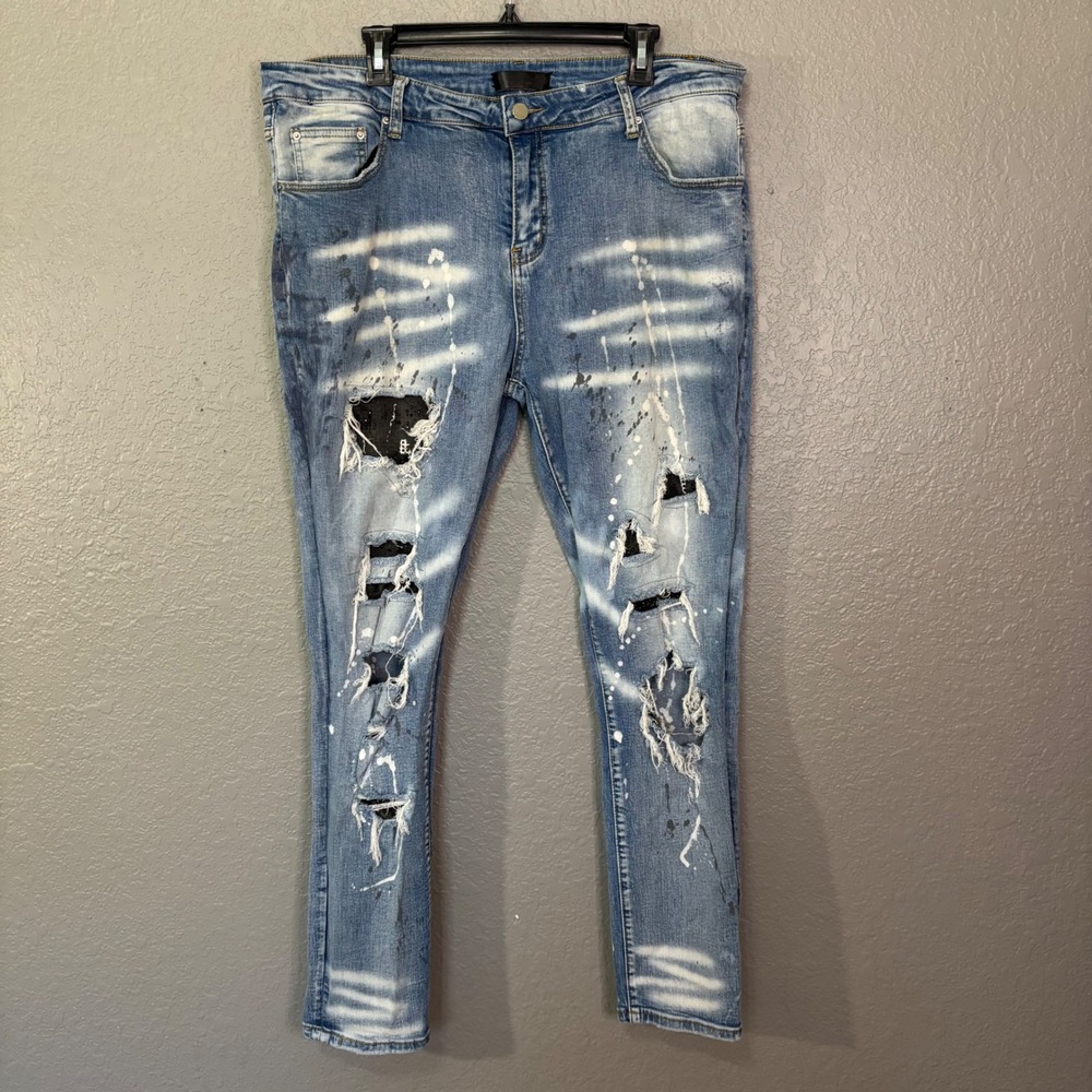 Amiri Distressed Skinny Jeans Blue Paint Splatter Patchwork Size 40 Mens